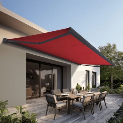 OMBRAZUR Store banne Coffre PROTECT 2 LED Gris 4.05x3.5m Motoris&eacute; + LED - Toile Rouge