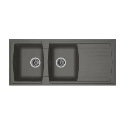 STRADOUR  - Evier cuisine a encastrer 2 bacs + 1 &eacute;gouttoir Arena - R&eacute;sine - 116 x 50 cm - Gris b&eacute;ton