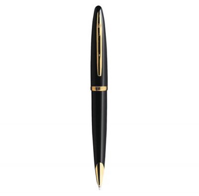 WTRM Stylo Bille - Bleu - Car&egrave;ne Laqu&eacute; Noir, Finitions Or - Pointe Fine - Waterman