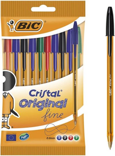 BIC Stylo Bille Cristal Fine Assortis X10  - Le Lot De 10 Stylos