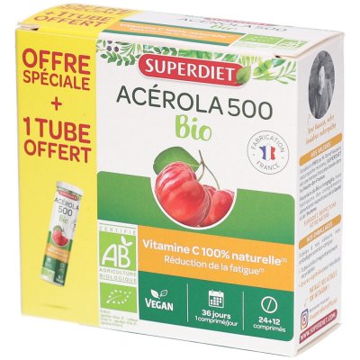 SUPERDIET  acerola 500 bio 24 comprim&eacute;s s&eacute;cables + 12&agrave;croquer