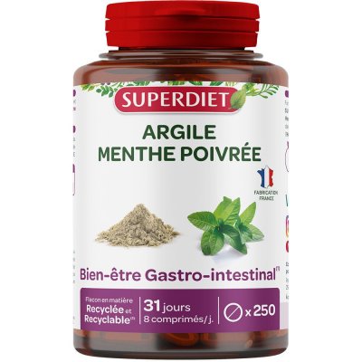 SUPERDIET  Argile Verte Montmorillonite Menthe Poivr&eacute;e 250 comprim&eacute;s