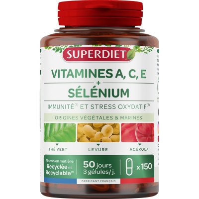 SUPERDIET  Vitamines A.c.e - S&eacute;l&eacute;nium -150 G&eacute;lules - Pot 150 g&eacute;lules