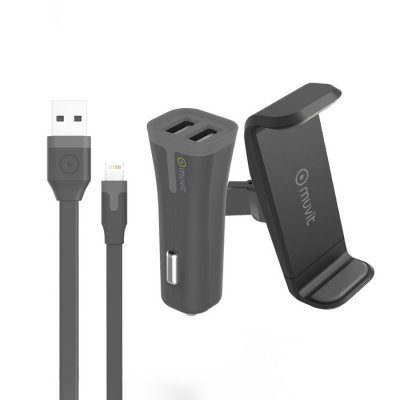 MUVIT Support Smartphone Voiture + Chargeur Allume-Cigare 2A 2 USB + C&acirc;ble Lightning