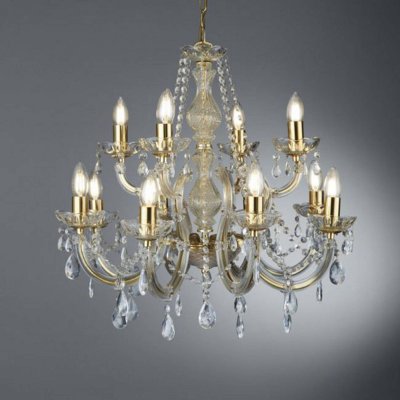 SEARCHLIGHT Suspension 12 ampoules Marie-Th&eacute;r&egrave;se, en laiton antique et cristal