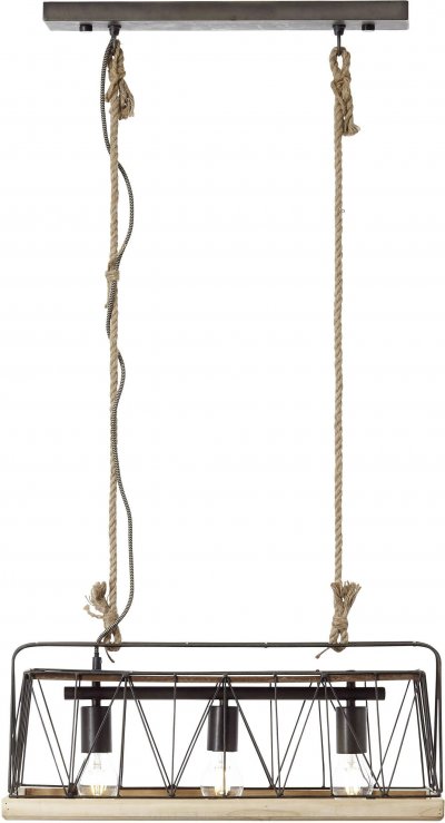 BRILLIANT Suspension 3 lumi&egrave;res m&eacute;tal/bois/corde L59cm
