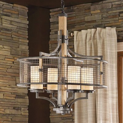 KICHLER Suspension Ahrendale, fer et verre, 4 ampoules
