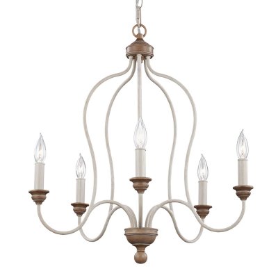 FEISS Suspension Hartsville, craie lav&eacute;e et imitation bois, 5 &eacute;clairages