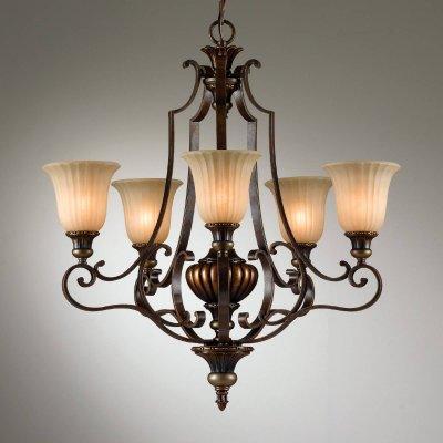 FEISS Suspension Kelham, haut, bronze dor&eacute; et verre Scavo, 5 ampoules