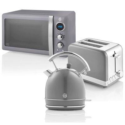 SWAN  Retro STRP2070GRNEU Set petit-d&eacute;jeuner Bouilloire + Grille-pain + Micro-ondes 800W Gris