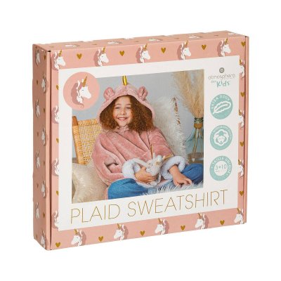 ATMOSPHERA Sweat plaid &agrave; capuche licorne rose enfant 