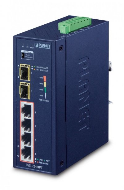 PLANET Switch Industriel 4p Gigabit Poe+ Avec 2 Sfp 1g/100fx