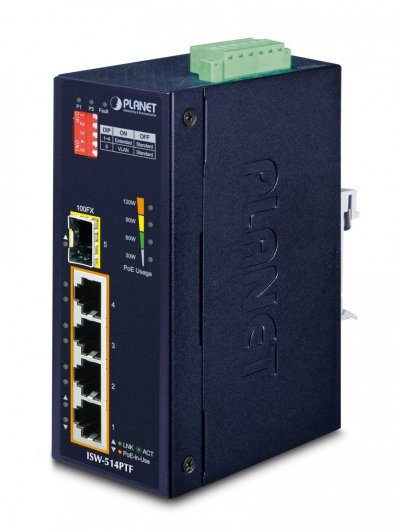 PLANET Switch Industriel 4p Poe 10/100+fibre Sfp 100fx -45/75&deg;