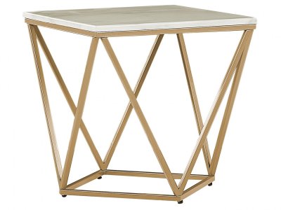 Table appoint carr&eacute;e effet marbre blanc / pied or 50 x 50 cm MALIBU