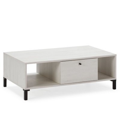 Table basse 1 tiroir 2 niches, couleur blanc et bois, 100 cm longueur