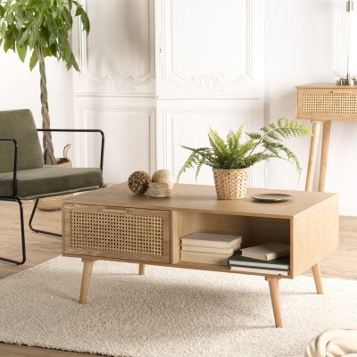 Table basse 2 tiroirs cannage 1 niche - RODRIGUE
