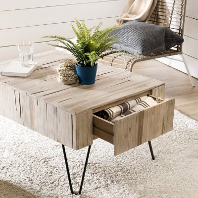 Table basse 2 tiroirs plateau en teck pieds &eacute;pingles m&eacute;tal L90