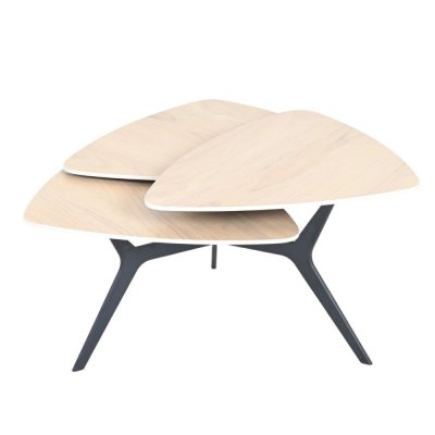 Table basse 3 plateaux pivotants en c&eacute;ramique finition ch&ecirc;ne