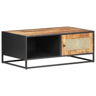 Table basse 90x50x35cm bois de manguier brut et canne naturelle