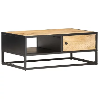 Table basse &agrave; porte sculpt&eacute;e 90x55x36 cm Bois de manguier brut