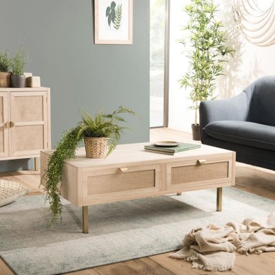 Table Basse ALINE 2 Tiroirs Toile De Jute Pieds M&eacute;tal Dor&eacute;