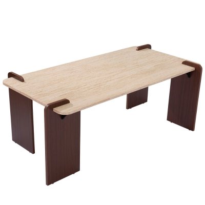 Table basse au design art d&eacute;co 60x120cm effet travertin beige et bois