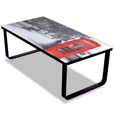Table basse avec impression de cabine t&eacute;l&eacute;phonique dessus verre