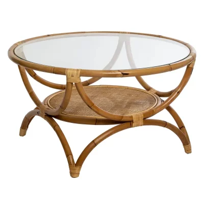 Table basse avec rangements en rotin et verre tremp&eacute; - Diam&egrave;tre 90 x Hauteur 51 cm