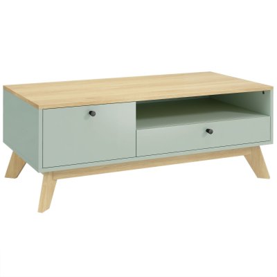 Table basse avec tiroir porte et compartiment mdf vert clair et ch&ecirc;ne
