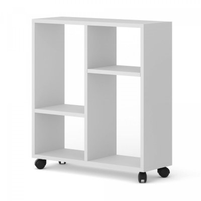 Table basse, biblioth&egrave;que TRASCO 2 blanc mat sur roulettes