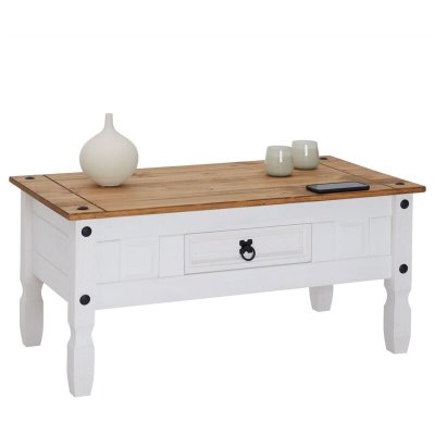 Table basse CAMPO avec 1 tiroir, style mexicain en pin massif blanc et brun