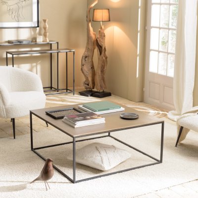 Table basse carr&eacute;e 90x90cm aluminium dor&eacute; et noir pieds m&eacute;tal JOHAN