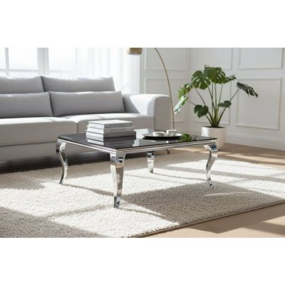Table Basse Carr&eacute;e Chrome Verre Noir 100x100x45 cm BAROQUE