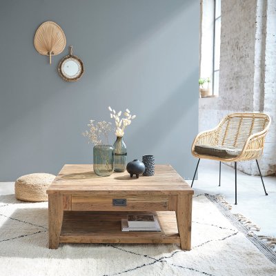 Table basse carr&eacute;e en teck recycl&eacute; massif 100 cm CARGO