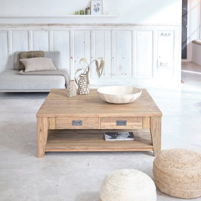 Table basse carr&eacute;e en teck recycl&eacute; massif 120 cm CARGO