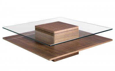Table basse carr&eacute;e en verre et noyer 2017C, 100 x 100 x 35 cm. -