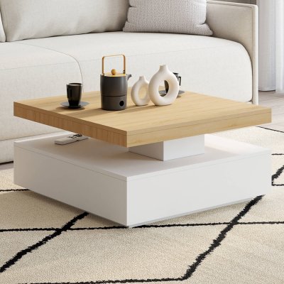 Table basse carr&eacute;e pivotante THEA 70 cm bois et blanc