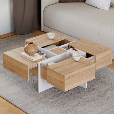 Table basse carr&eacute;e TALIA 70 cm avec tiroirs bois et blanc