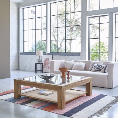 Table basse carr&eacute;e vitr&eacute;e en teck massif 120 cm BOSTON