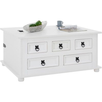 Table basse coffre en pin TEQUILA style mexicain, avec 5 tiroirs, lasur&eacute; blanc