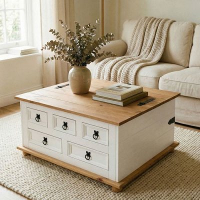 Table basse coffre en pin TEQUILA style mexicain, avec 5 tiroirs, lasur&eacute; blanc et brun