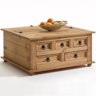 Table basse coffre rangement TEQUILA, pin massif style mexicain finition cir&eacute;e