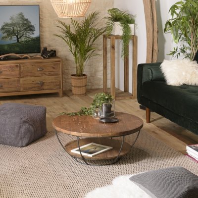 Table basse coque 2 plateaux en teck recycl&eacute; m&eacute;tal noir L80