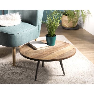 Table basse d'appoint ronde en teck recycl&eacute; et pieds m&eacute;tal D55