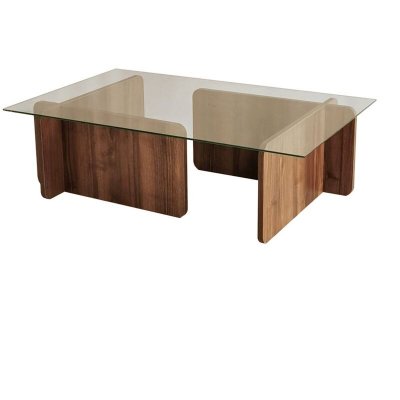 Table basse design alazar 105cm bois fonc&eacute; et verre transparent