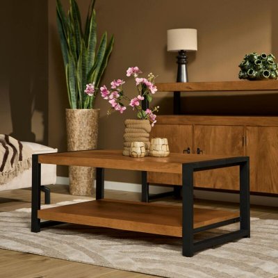 Table basse double plateau, bois naturel et m&eacute;tal