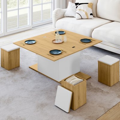 Table basse EDEN poufs bois/bl