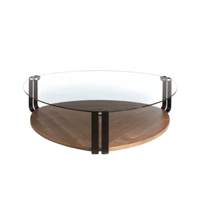 Table basse en bois de noyer et verre 2055C, 135 x 135 x 32 cm. -