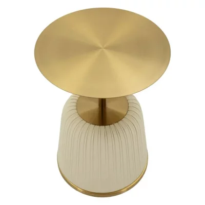 Table basse en m&eacute;tal dor&eacute; et similicuir cr&egrave;me pliss&eacute; &oslash; 40&times;55