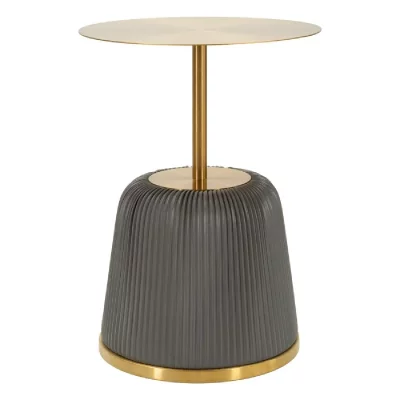 Table basse en m&eacute;tal dor&eacute; et similicuir pliss&eacute; gris &oslash; 40&times;55
